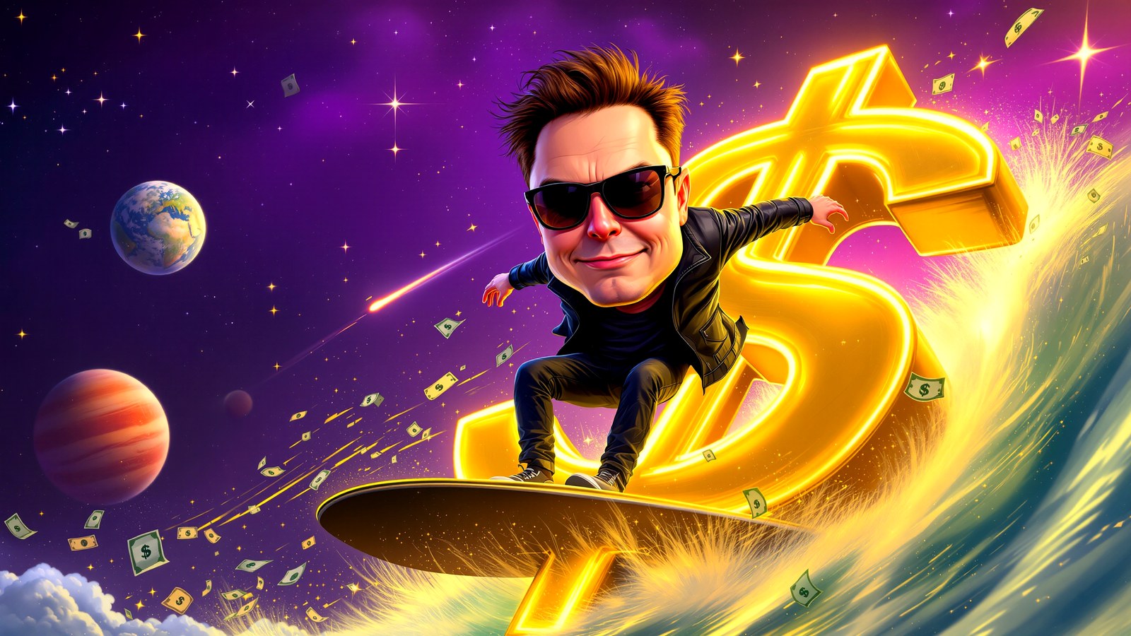 Trillionaire surfing on dollar sign